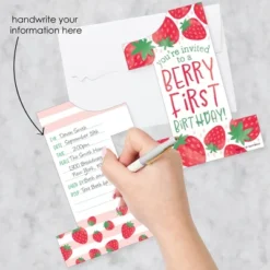 Big Dot Of Happiness Berry First Birthday Sweet Strawberry Shaped Fill-In Invitations - Fruit 1st Birthday Party Invitation Cards With Envelopes 12 Ct