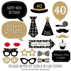 Big Dot Of Happiness Adult 40th Birthday - Gold - Birthday Party Photo Booth Props Kit - 20 Count