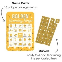 Party Planers Store 8 Big Dot Of Happiness Golden Birthday - Picture Bingo Cards And Markers - Birthday Party Bingo Game - Set Of 18