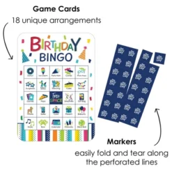 Big Dot Of Happiness Cheerful Happy Birthday - Picture Bingo Cards And Markers - Birthday Party Bingo Game - Set Of 18