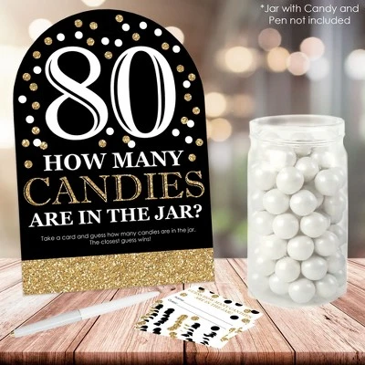 Big Dot Of Happiness Adult 80th Birthday - Gold - How Many Candies Birthday Party Game - 1 Stand And 40 Cards - Candy Guessing Game 3 Big Dot Of Happiness Adult 80th Birthday - Gold - How Many Candies Birthday Party Game - 1 Stand And 40 Cards - Candy Guessing Game