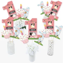 Big Dot Of Happiness 1st Birthday Girl Farm Animals - Pink Barnyard First Birthday Party Centerpiece Sticks - Table Toppers - Set Of 15