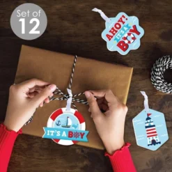 Big Dot Of Happiness Ahoy It's A Boy - Assorted Hanging Nautical Baby Shower Favor Tags - Gift Tag Toppers - Set Of 12