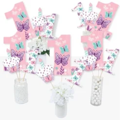 Big Dot Of Happiness 1st Birthday Beautiful Butterfly - Floral First Birthday Party Centerpiece Sticks - Table Toppers - Set Of 15