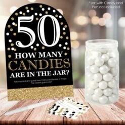 Big Dot Of Happiness Adult 50th Birthday - Gold - How Many Candies Birthday Party Game - 1 Stand And 40 Cards - Candy Guessing Game