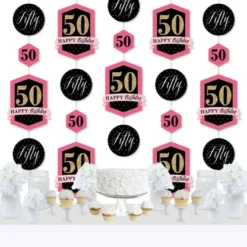 Party Planers Store 20 Big Dot Of Happiness Chic 50th Birthday - Pink, Black And Gold - Birthday Party DIY Dangler Backdrop - Hanging Vertical Decorations - 30 Pieces