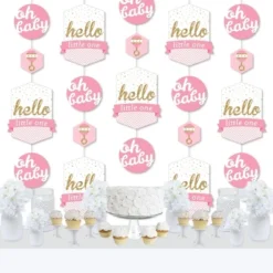 Big Dot Of Happiness Hello Little One - Pink And Gold - Girl Baby Shower DIY Dangler Backdrop - Hanging Vertical Decorations - 30 Pieces
