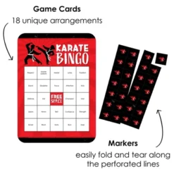 Big Dot Of Happiness Karate Master - Bingo Cards And Markers - Martial Arts Birthday Party Shaped Bingo Game - Set Of 18