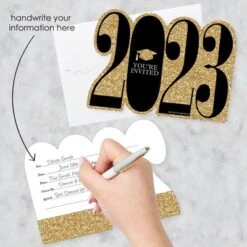 Big Dot Of Happiness Gold 2023 Graduation Party Invitations - Shaped Fill-In Invite Cards With Envelopes - Set Of 12